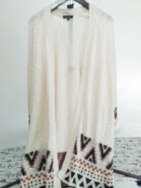 Cream Open-Front Women's Sweater Cardigan with Geometric Trim